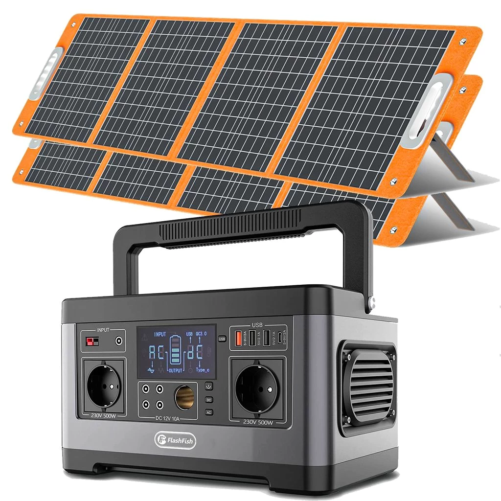 Flashfish P63 Solargenerator + 2 × 100 W Solarpanel Lithiumbatterie 520 Wh mit 500 W